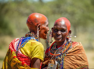 Masai women in traditional dress are talking to each other in the savannah